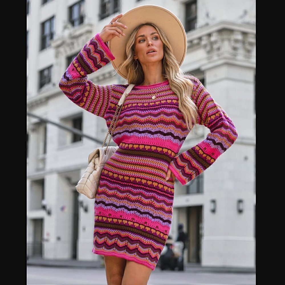 VICI Free The Roses L NWT Crochet Knit Multi Colored Dress Fuchsia Multi Long